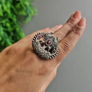 🦚 The Royal Twin Peacock & Ruby Statement German Silver Ring