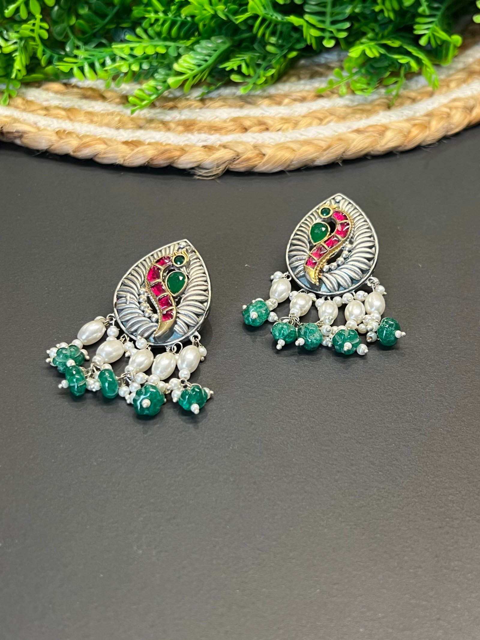 🦚 Beautiful Peacock Inspired German Silver Earrings with Pearl Drops