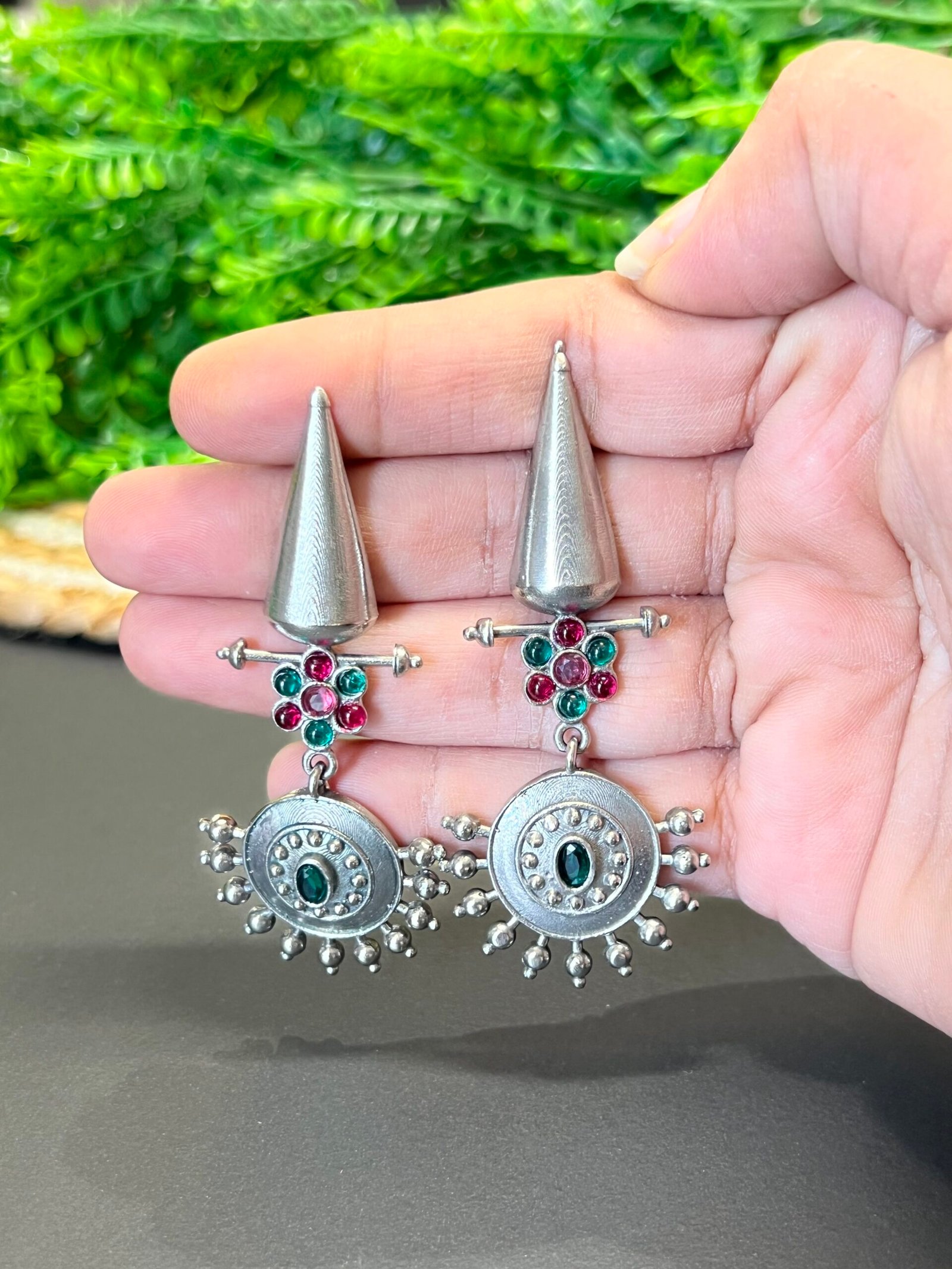 ✨ Antique German Silver Geometric Stone Drop Earrings