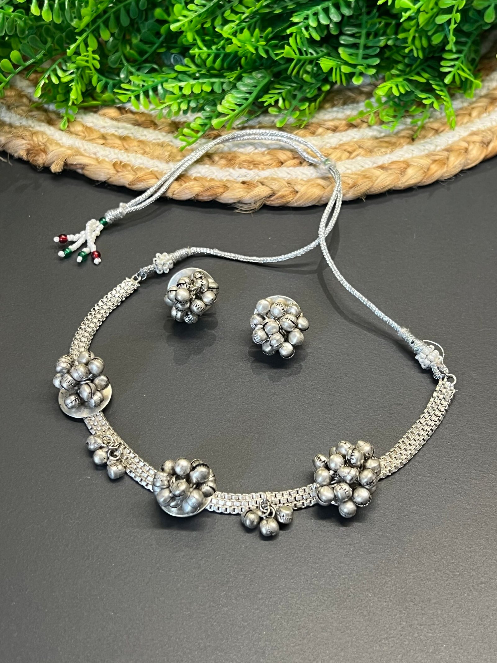 🔔Oxidized German Silver Mesh Choker & Stud Set – Festive Ghungroo Jewellery