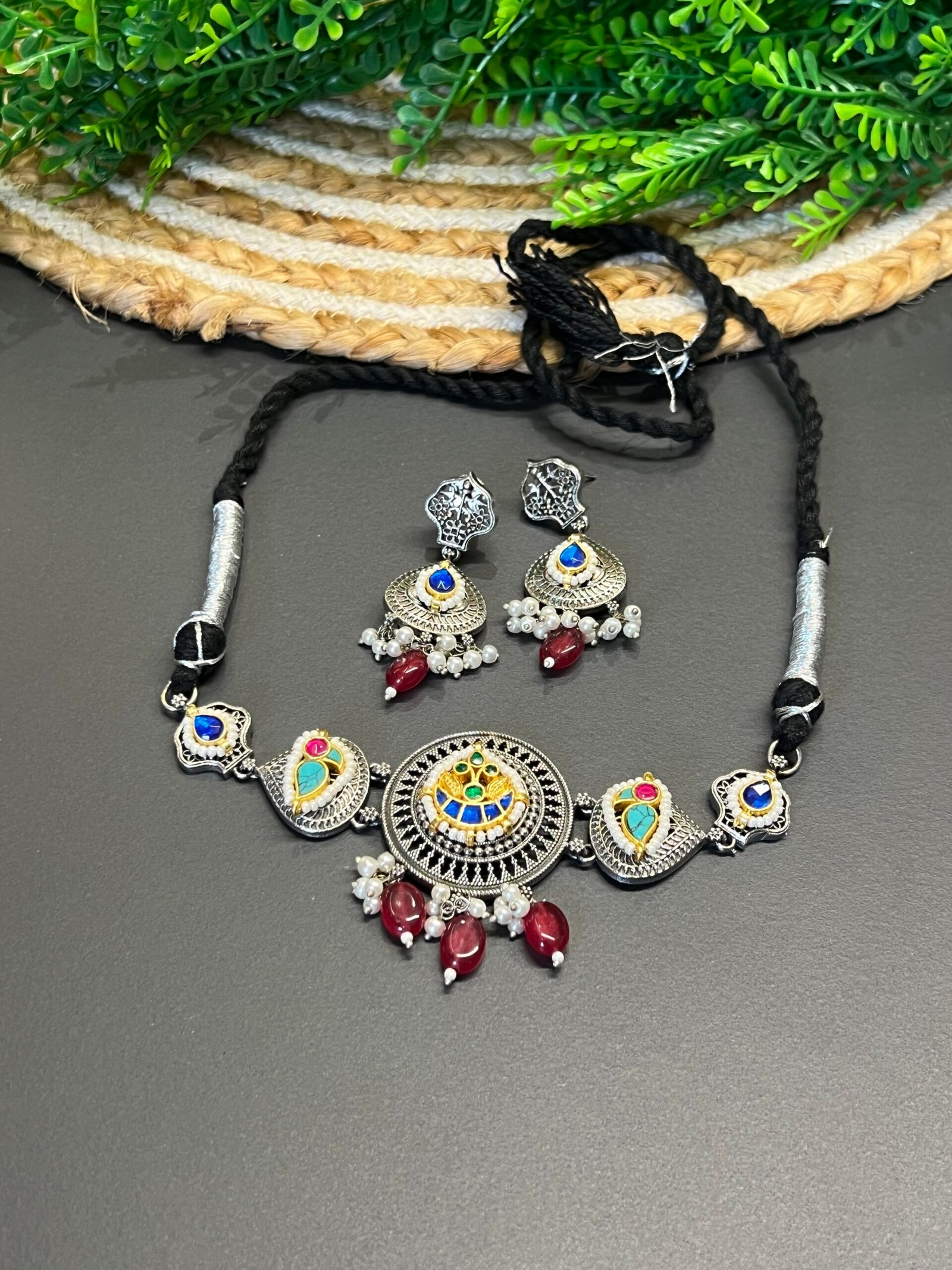 🌈German Silver Gemstone & Kundan Centerpiece Choker Set with Matching Drop Earrings