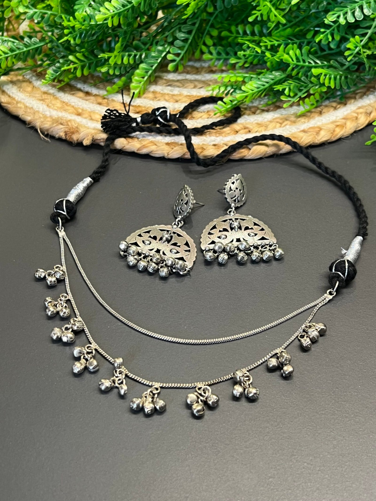 ✨Oxidized German Silver Ghungroo Layered Choker Necklace Set for Women