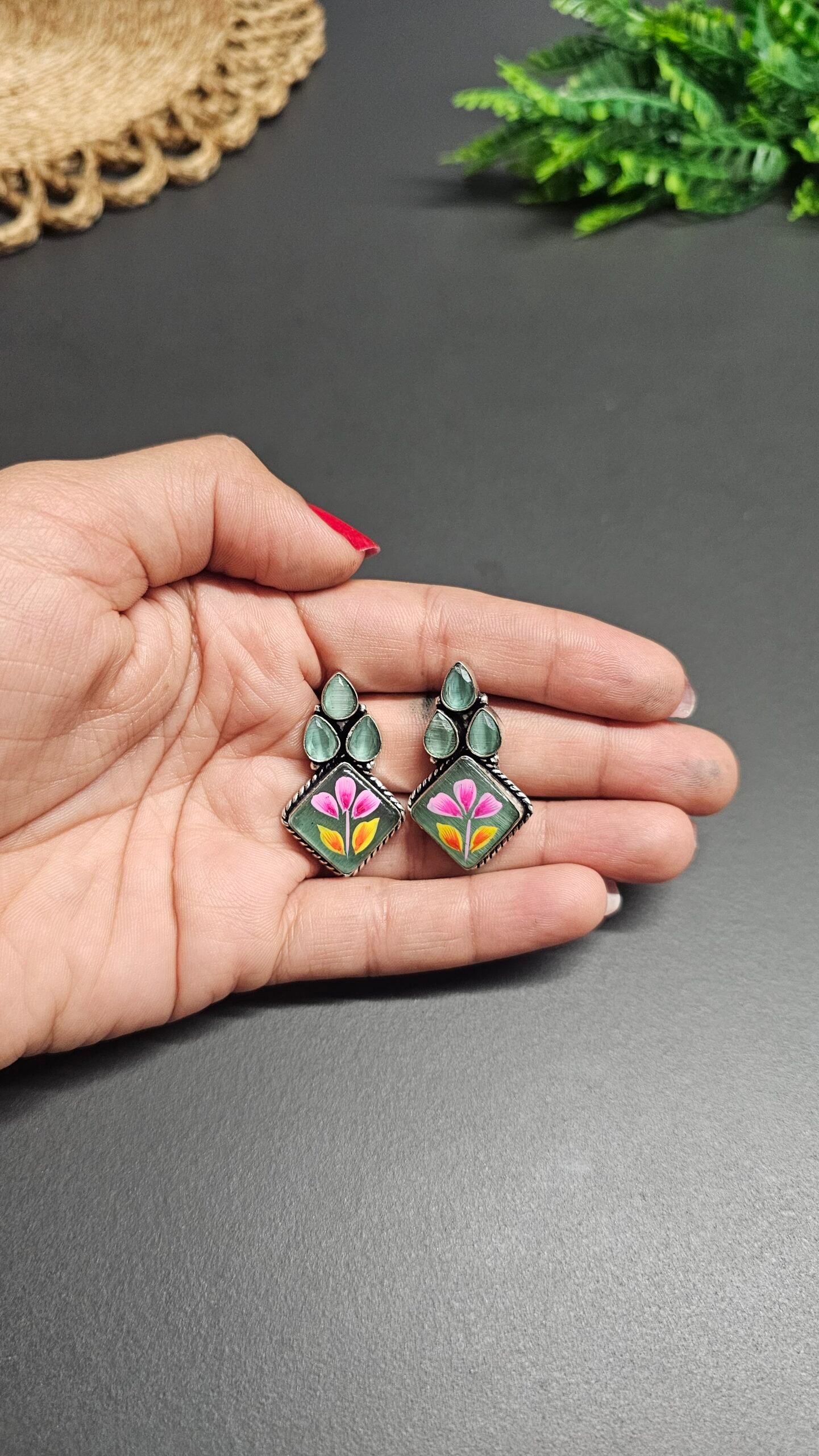 🌸 The Hand-Painted Floral Blossom & Mint Stone Studs, 🎨 Vintage Pichwai Floral & Mint Stone Earrings