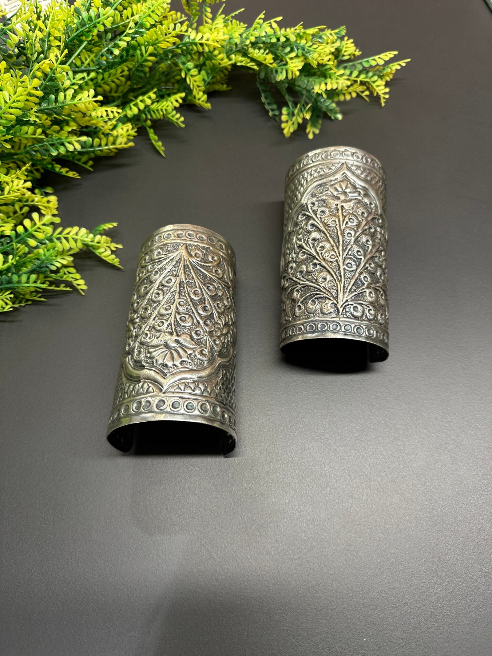 🦚Handcrafted Floral & Peacock Embossed German Silver Cuff Bangle