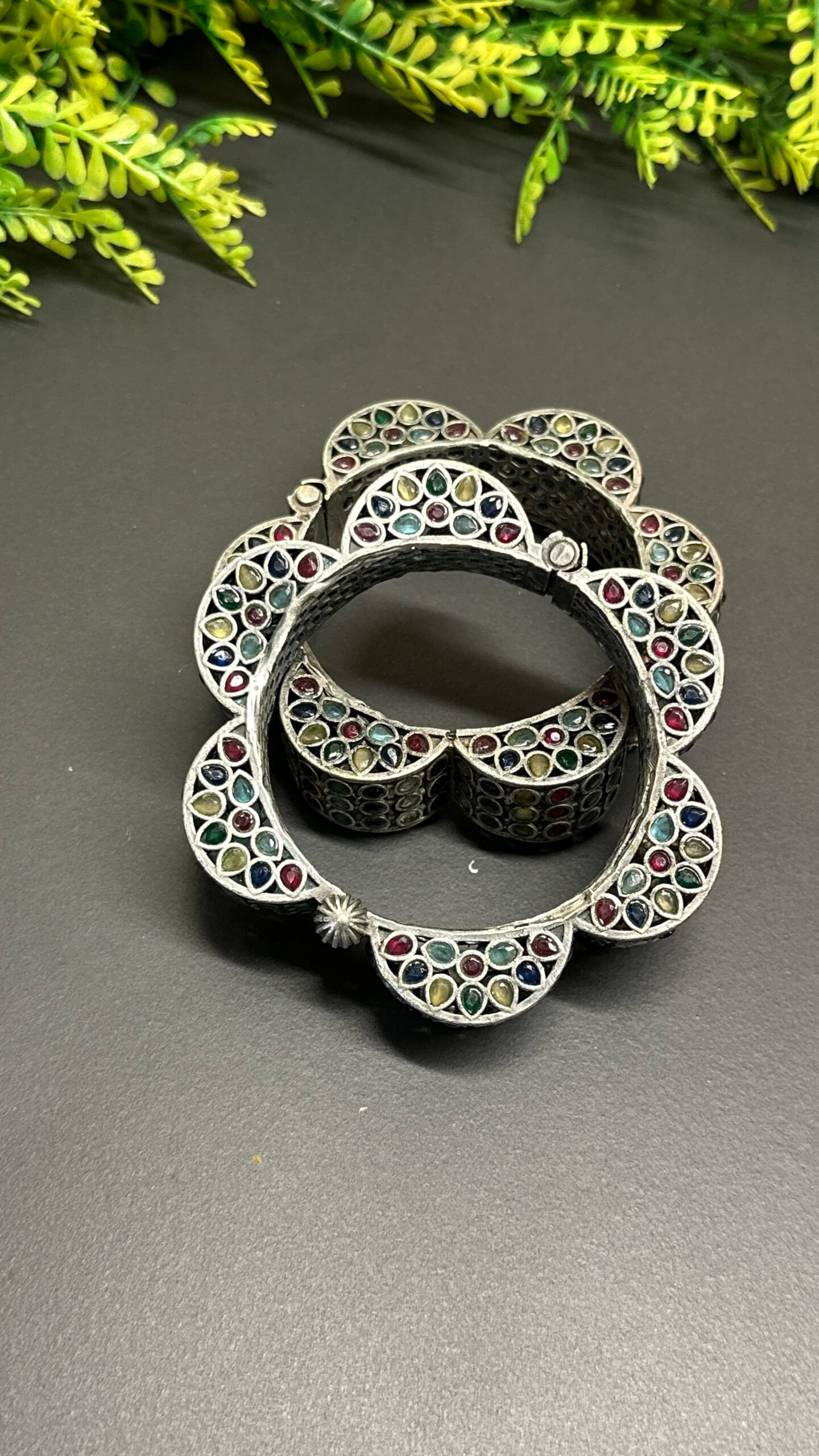 ⭐Antique German Silver Floral Stone Studded Kada Bangles