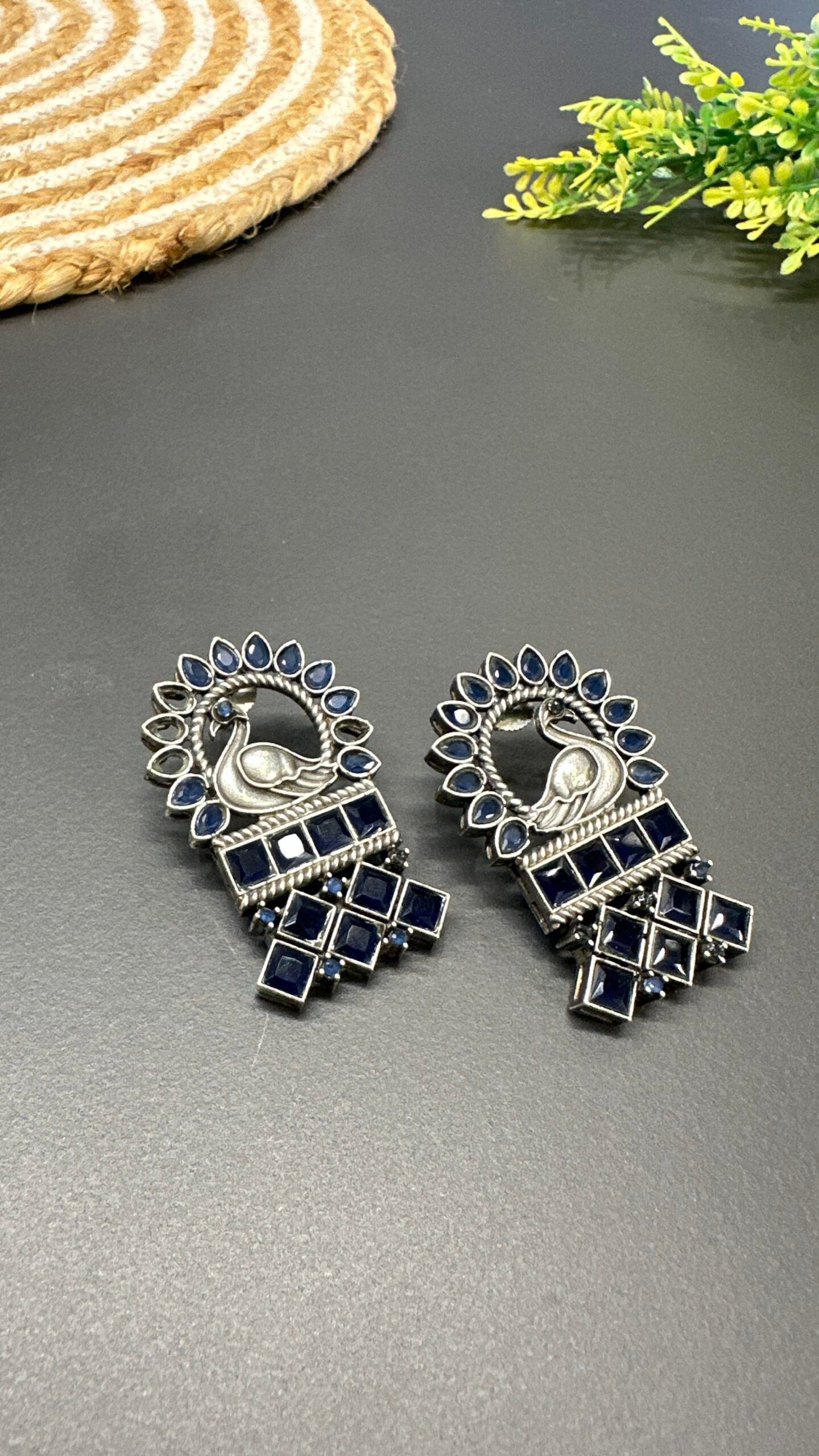 💙Vintage German Silver Peacock Halo & Geometric Blue Stone Dangle Earrings