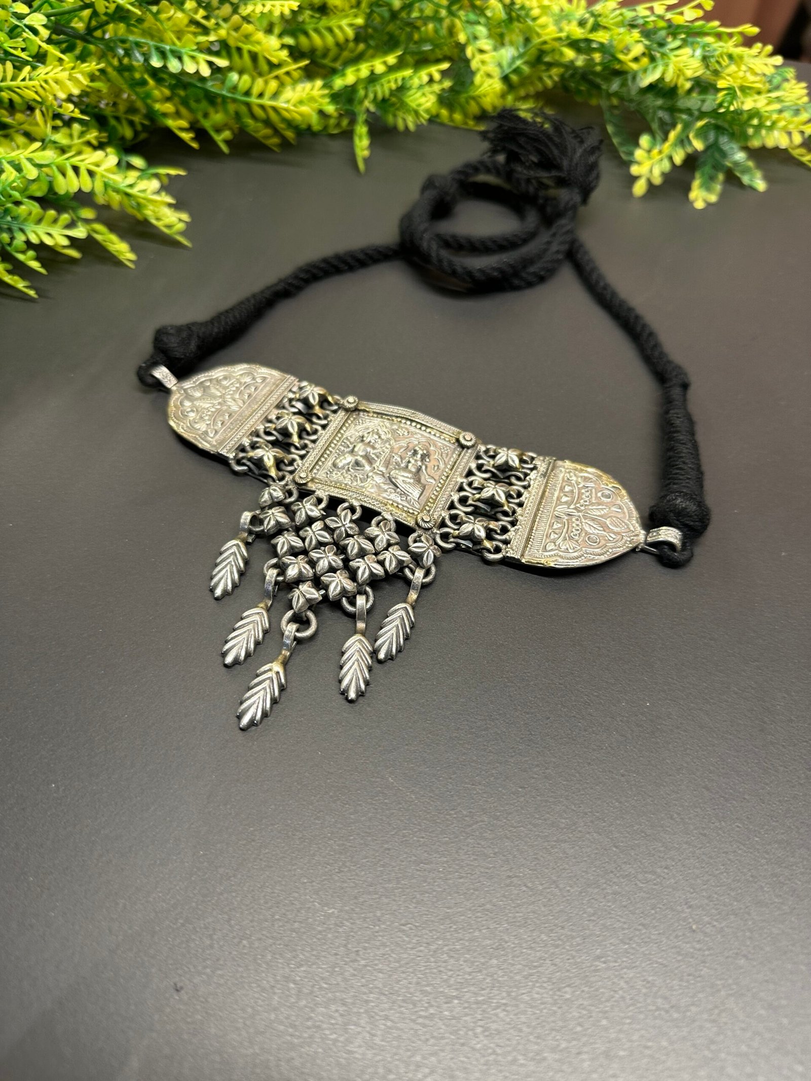 💃German Silver Radha Krishna Choker with Leaf Drops - Image 3
