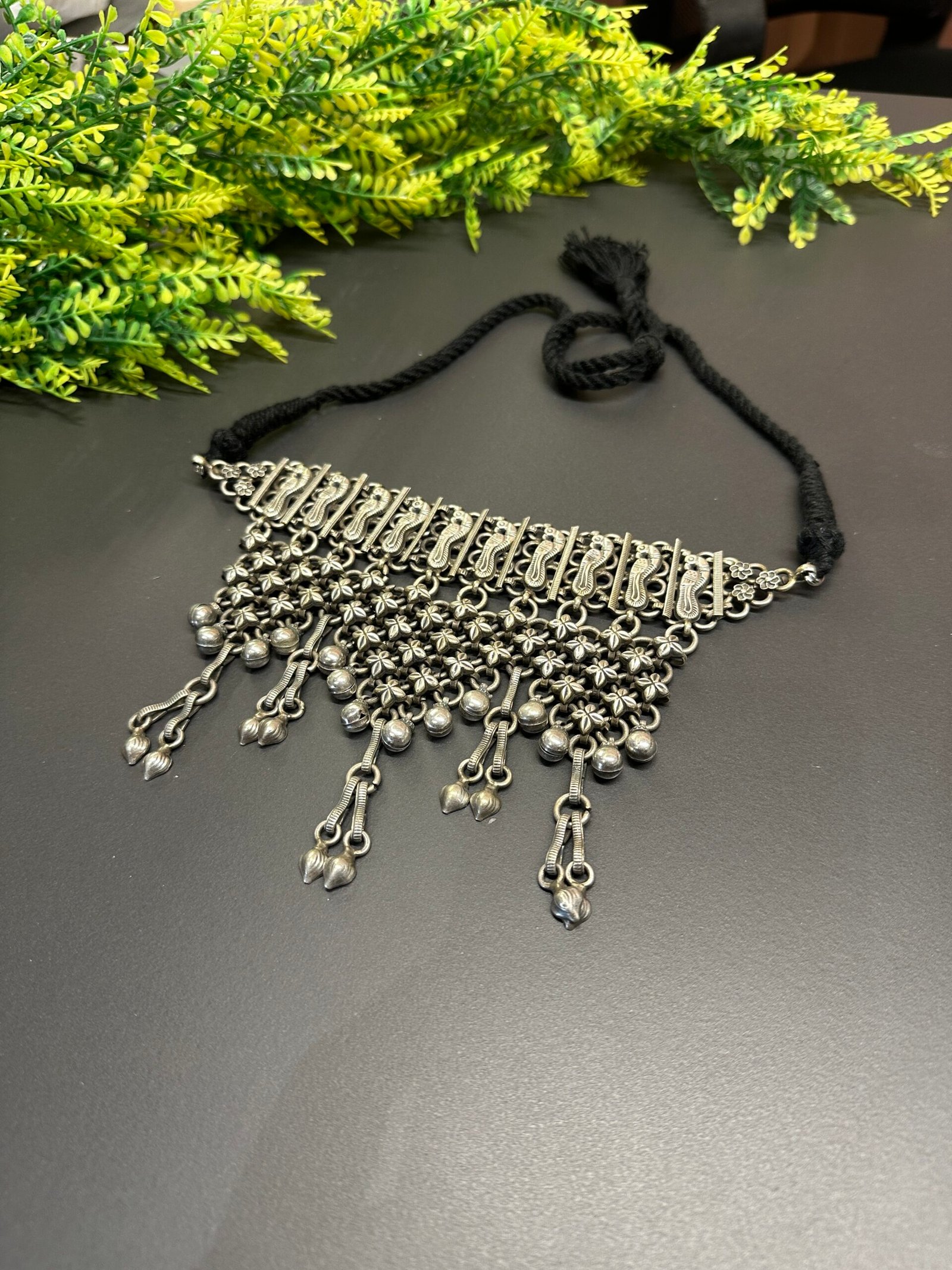 🦜Antique Oxidized German Silver Bird Motif Broad Choker Necklace with Ghungroos & Metallic Drops