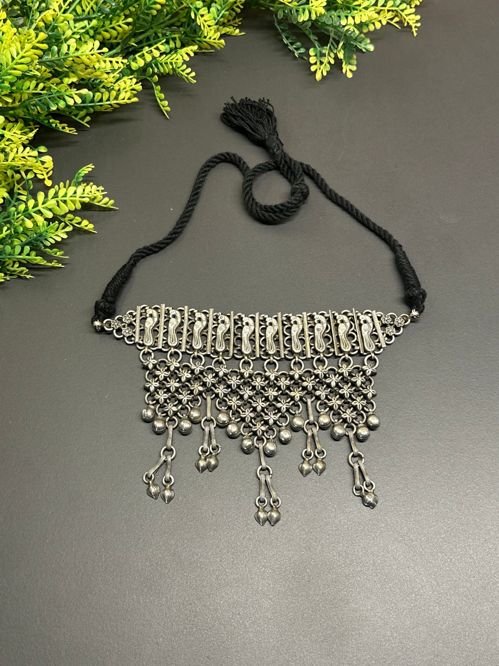 🦜Antique Oxidized German Silver Bird Motif Broad Choker Necklace with Ghungroos & Metallic Drops - Image 2
