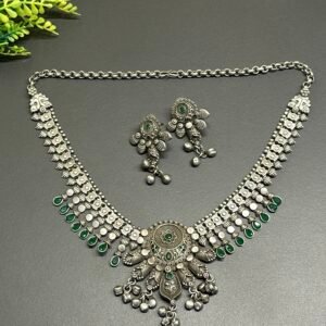 🌺Tribal Silver Green Stone Collar Necklace Set with Ghungroo