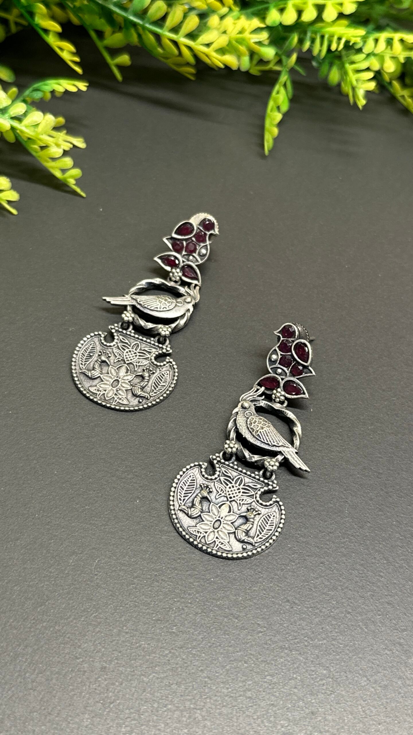 🦜Vintage German Silver Bird & Floral Carved Medallion Dangle Earrings