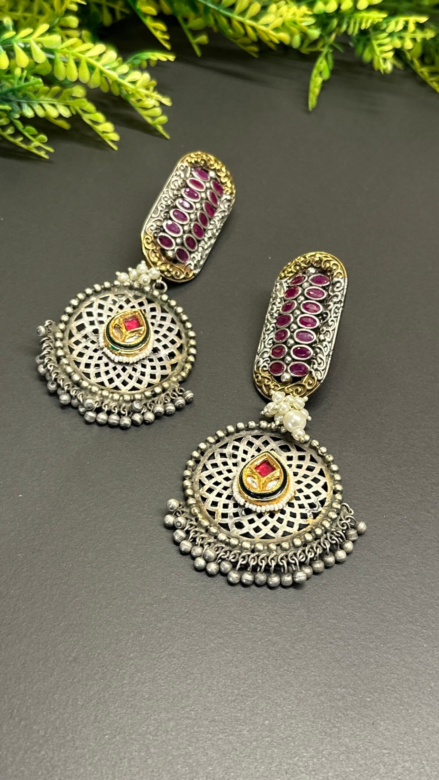 🌺Antique Dual-Tone German Silver Jali Chandbali Earrings with Kundan Centerpiece